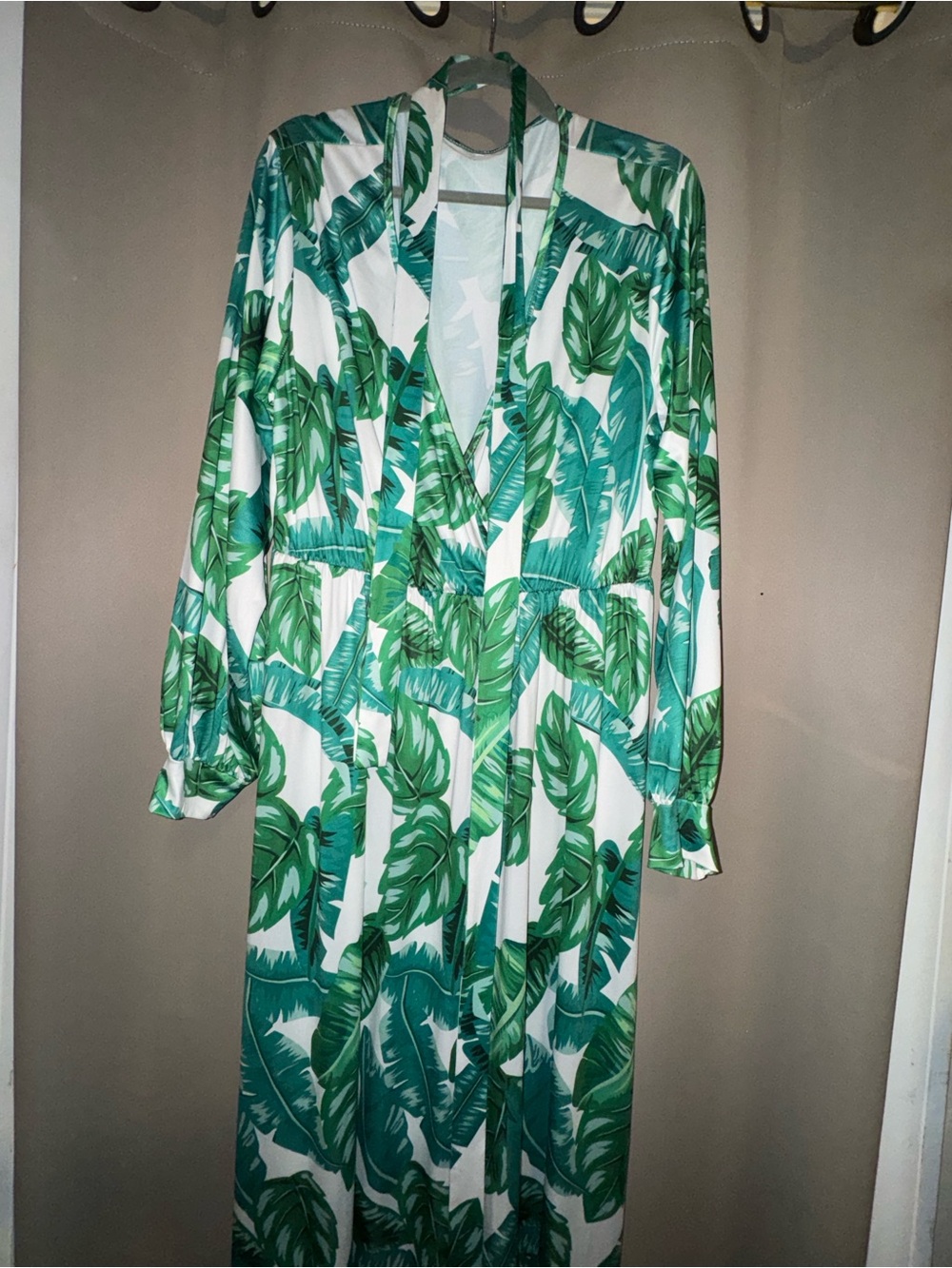 Women's Green Leaf Print Swim Cover-Up Dress